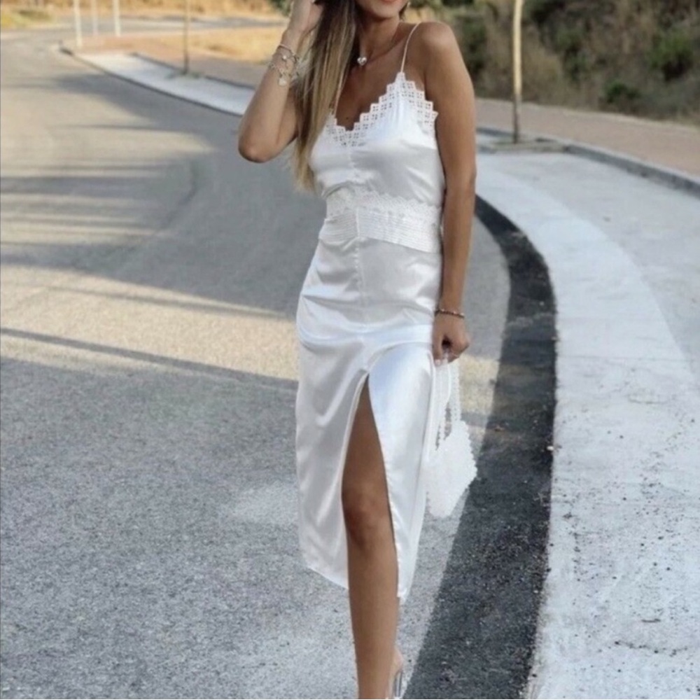 Zara Midi White Satin Slip Dress - size S